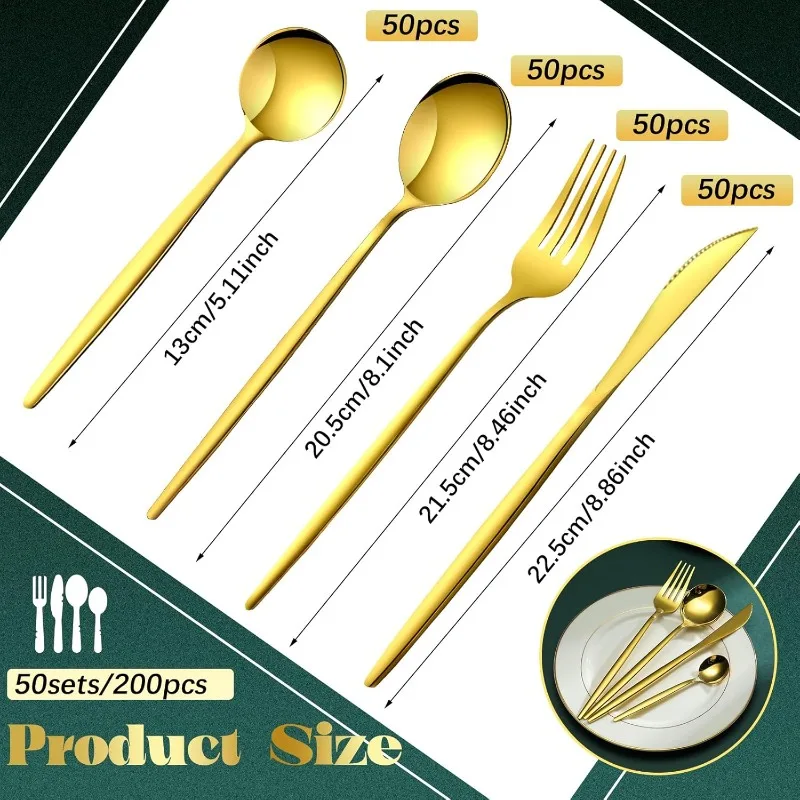 200 Pcs Gold Silverware with Knives Spoons and Forks Portable Stainless Steel Flatware Reusable Utensils Dishwasher Safe Cutlery