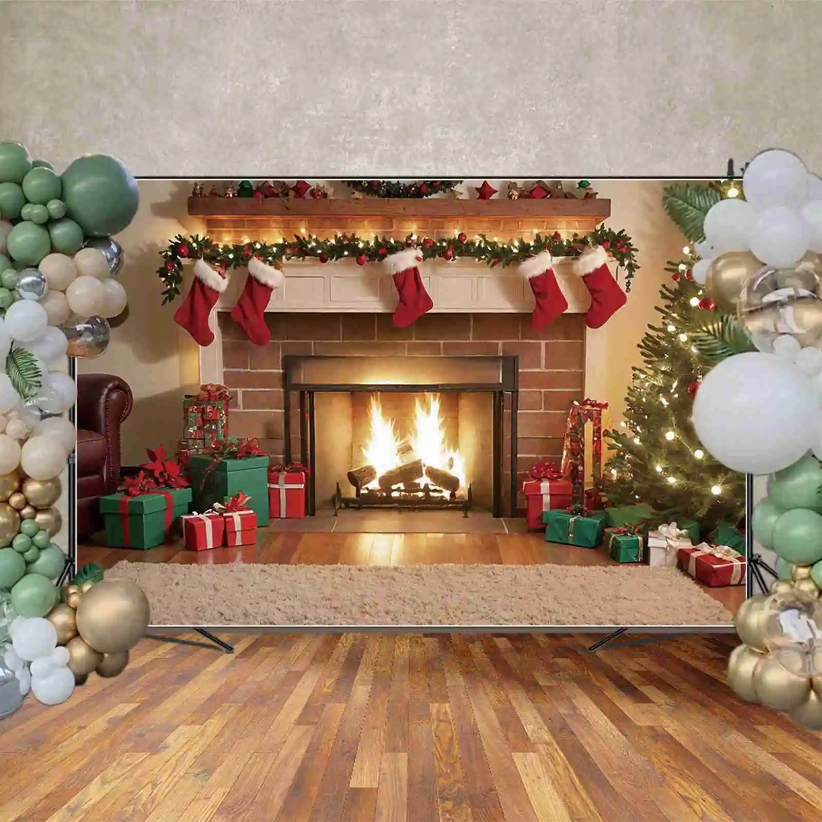 MOON.QG Christmas Fireplace Frame Photography Backdrop 2025 Happy New Year Photo Background Brick Stove Studio Shooting Props