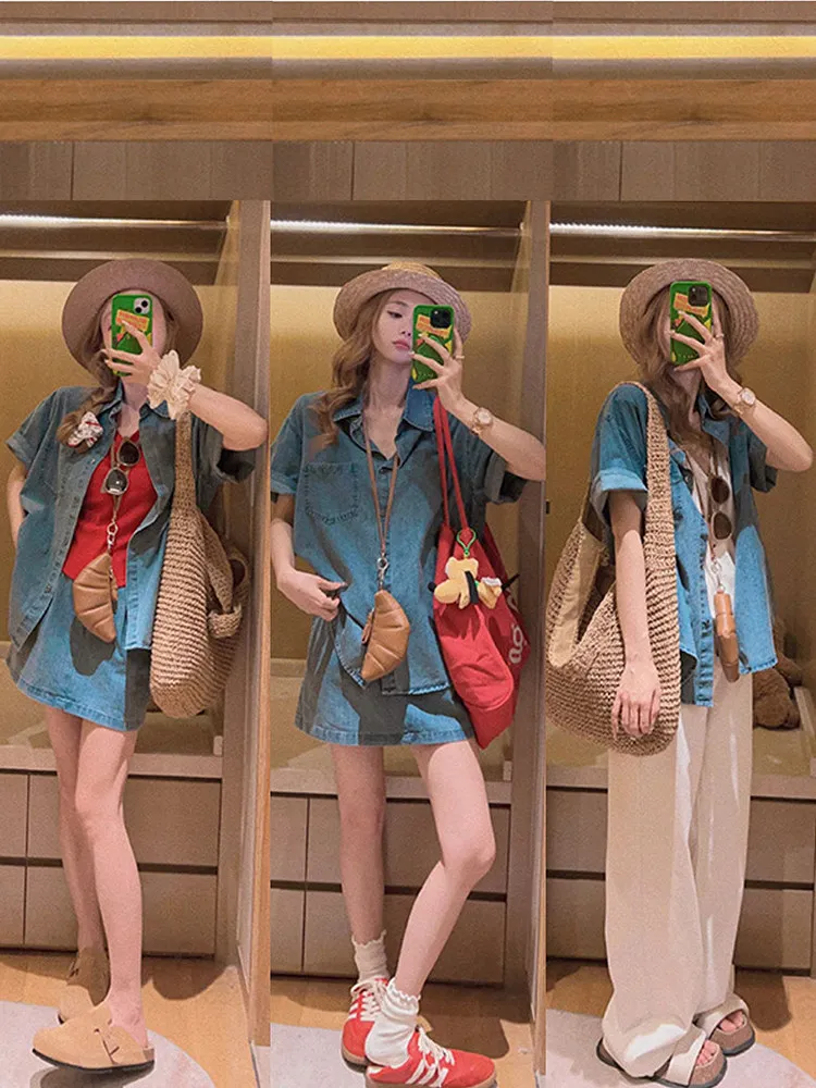 

Универсальный джинсовый комплект Yukiss: укороченная рубашка и короткая юбка, модный женский костюм-двойка, весна 2025