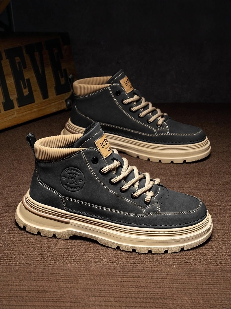 

Men's Winter High-Top Boots Black Leather Surface Heightening Work Boots Casual Short Boots Youth Trend PU Material