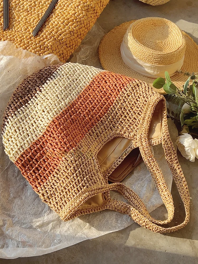 

Retro Striped Color Blo St Woven Bag Casual Tote oulder Handbag Beach Vaion Basket Weave Large Size Youth Leisure