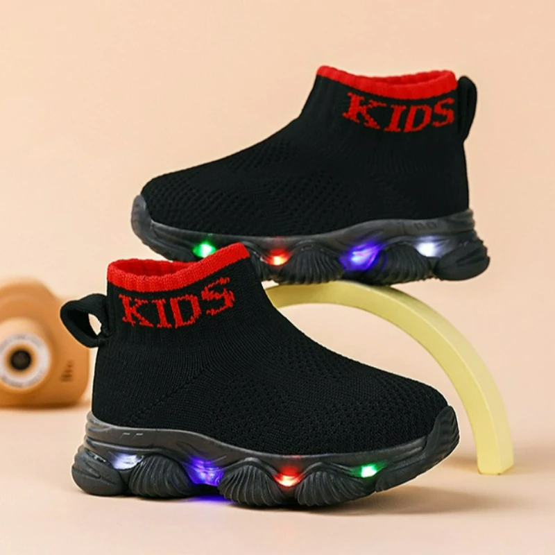 

Toddler LED Light Sneakers High Top Boys Platform Slip on Shoes Children Spring Knit Sock Sneaker Glowing Shoes for Little Boy
