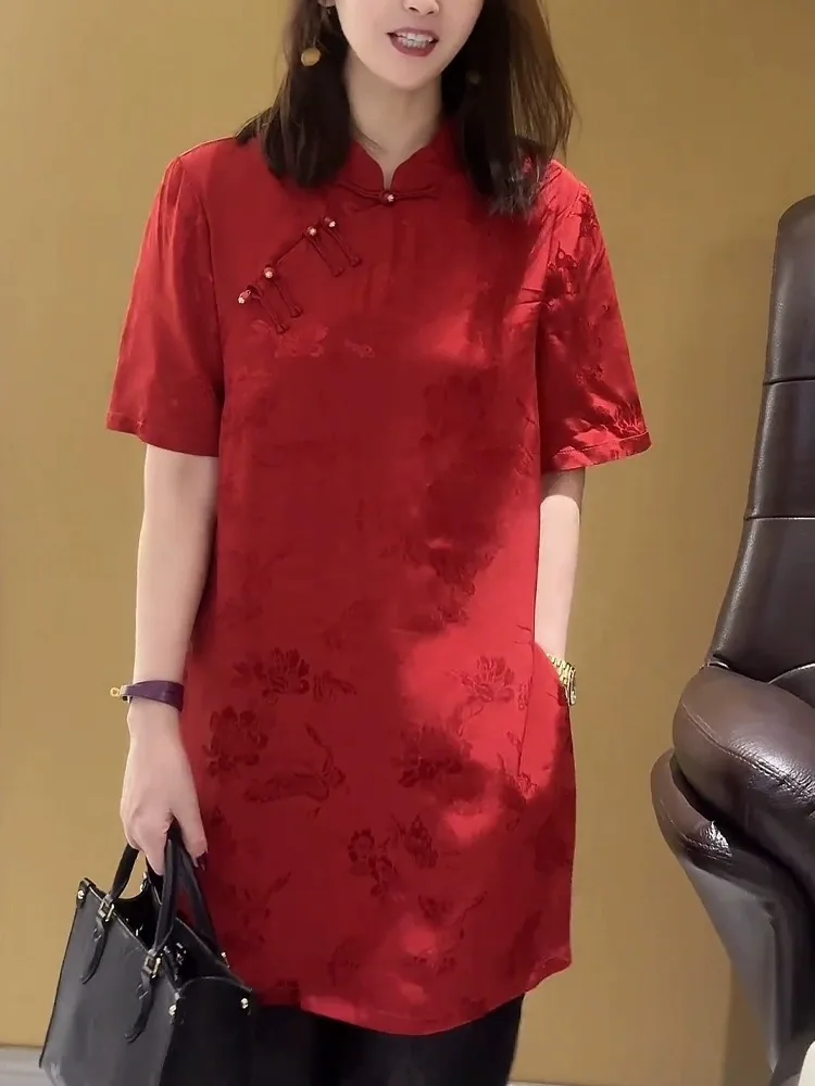 

Летняя женская футболка больших размеров 2026 года с воротником-стойкой, коротким рукавом, вышивкой, в новом китайском стиле, роскошный топ для полных женщин