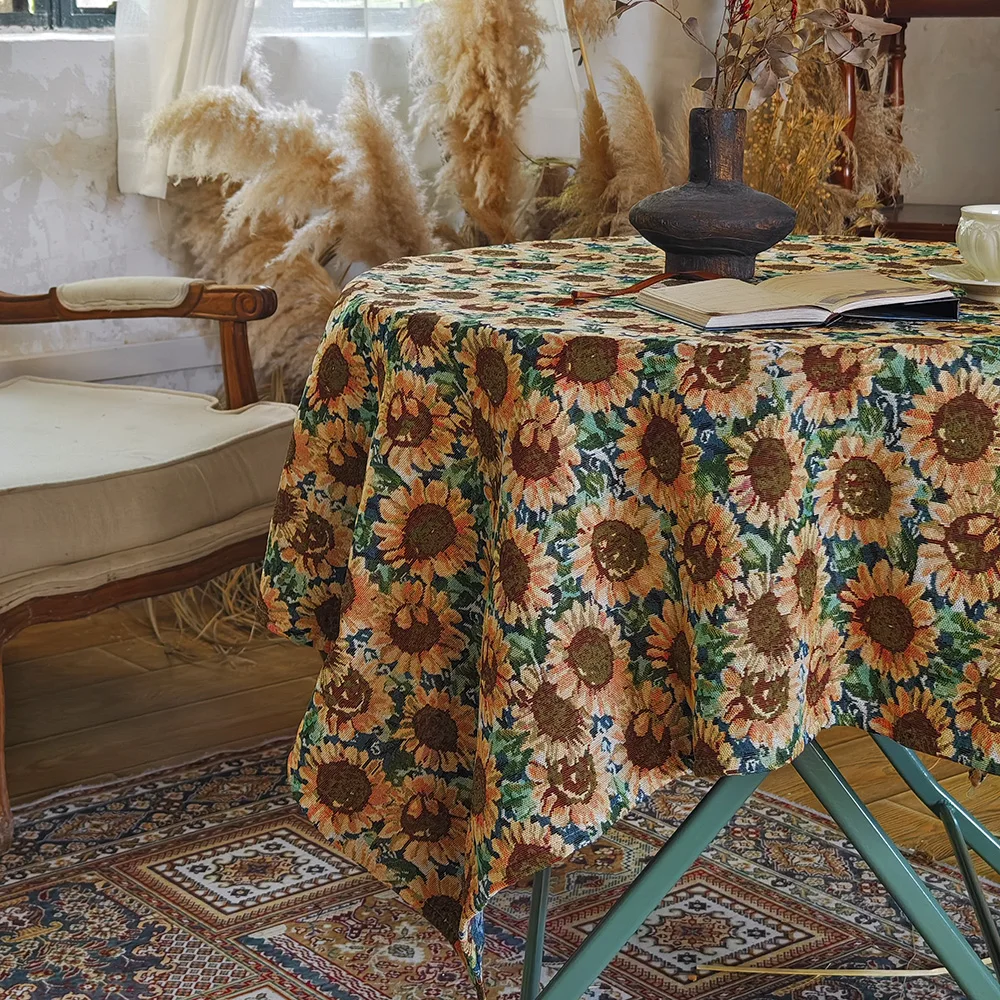 1 PC American Countryside Style Sunflower Round Table Tablecloth, Decorated With Retro Polyester Fiber Rectangular Thick Dust-Pr