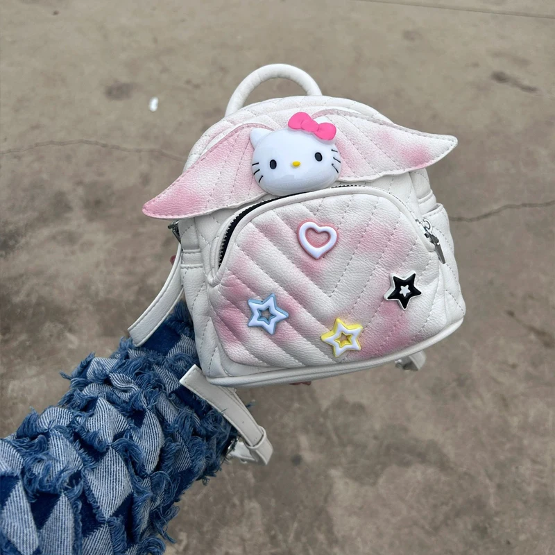 Sanrio Kawaii Kt Tie-dyed Wing Backpack Female Korean Version Of The Trend Rhombic Cute Girl Small Backpack Leisure Bag Gift