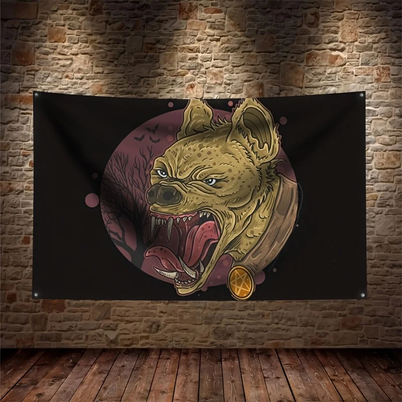 Grunge Dog Head Mascot Tapestry Flag Wall Decor Art Punk Banner Hanging Curtain With 4 Rings Design Print