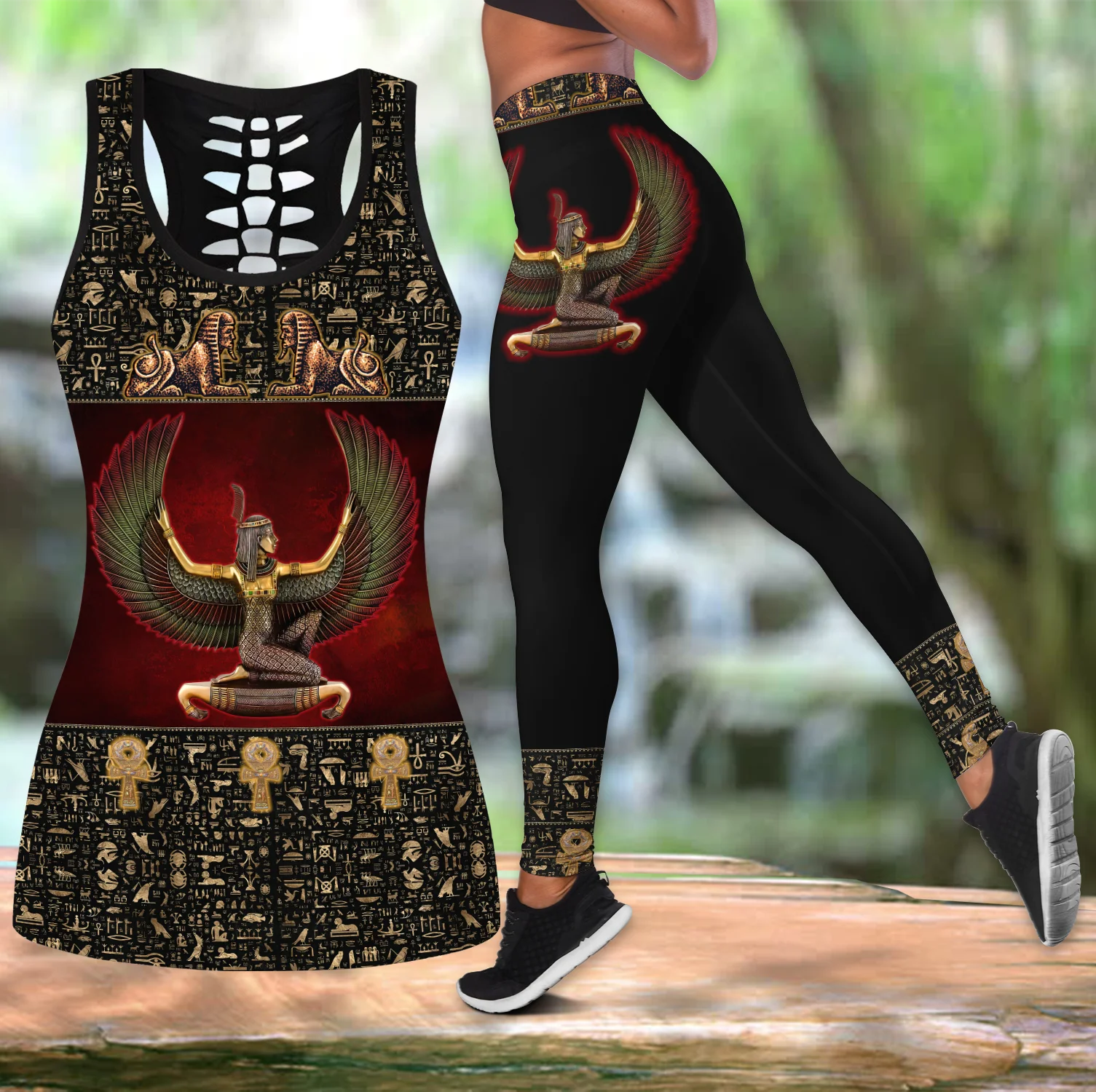 Ancient Beautiful Queen Egyptian 3D Printed Hollow Tank Top & Leggings Set Fitness Female Full Length Leggings Yoga Pants LKB-33