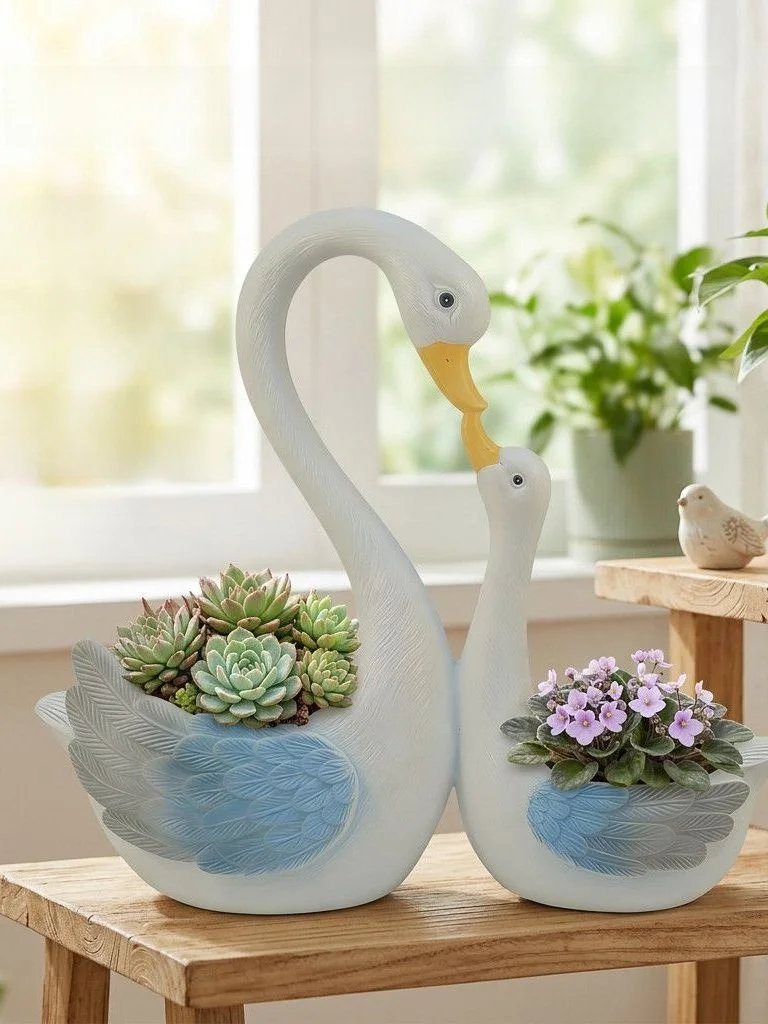 Creative Cute Double Head Mother And Son Swan Flower Pots Balcony Outdoor Courtyard Garden Floral Green Plant Decorative Pots