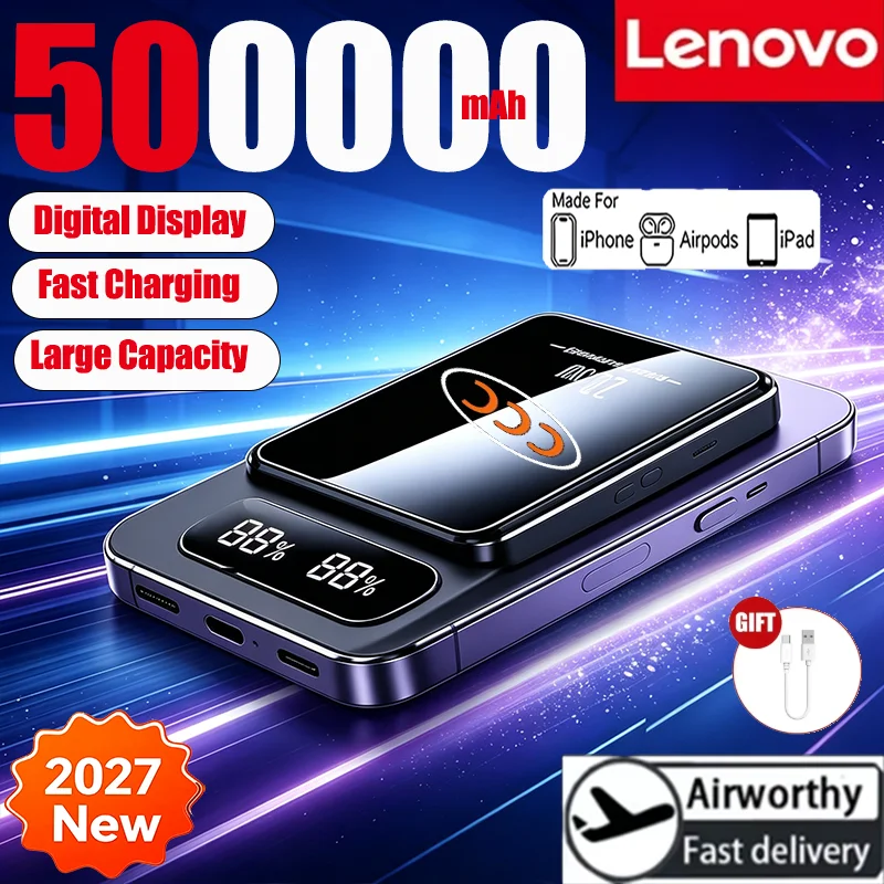 Lenovo 5000000mAh Wireless Power Bank For Magsafe Portable Magnetic Fast Charger Mobile Battery Pack For iphone18 Samsung Xiaomi