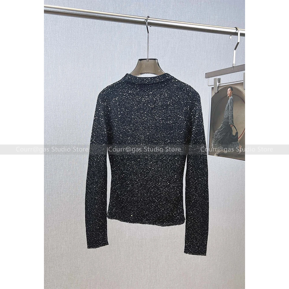 

Premium sense of black beaded knitwear female 2024 early autumn new temperament celebrity jumper round neck blouse