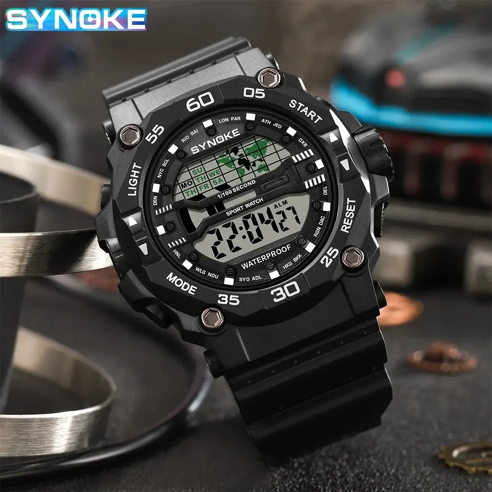 SYNOKE New Men Mountaineering Digital Watch Waterproof Shock Resist Large Screen Outdoor Running Student Fashion Watch Handsome