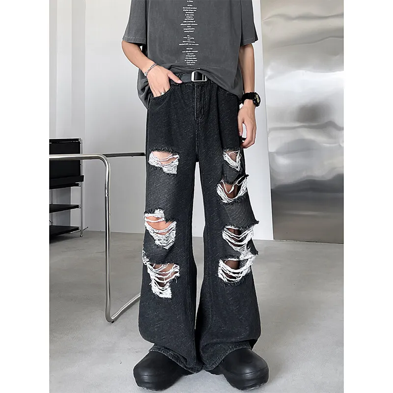 

Ripped Hole Jeans mens 2025 Streetwear Denim trouseres Thin Handsome Casual Pants Unisex Straight Wide Leg Jeans Blue/Black
