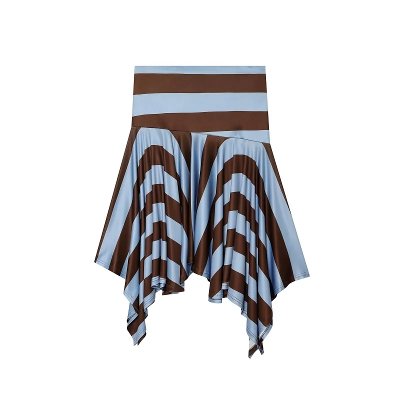 Fanan Striped Pleated Midi Skirt Women Asymmetric Mid Waist Women's Skirts Summer Layered Skirt Woman Holiday Long Skirt Women