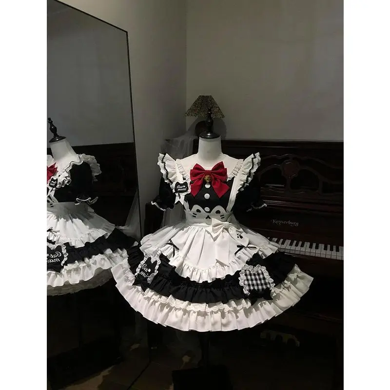 Kawaii Lolita Cat Maid 2 Piece Dress Set Women Slim Fit High Waist Ruffle Lace Trim Bow Cat Paw Print Cosplay Party Outfit 2026