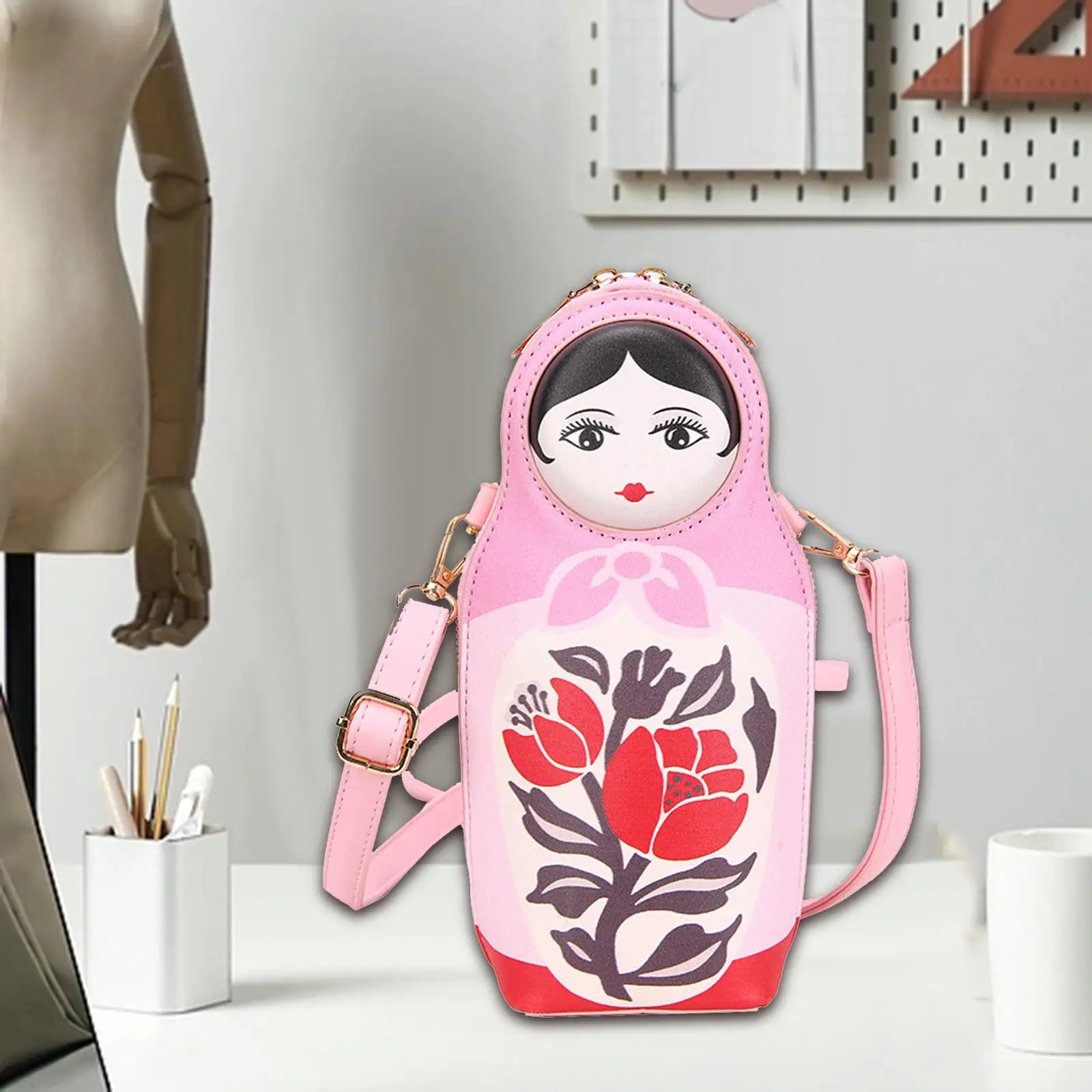 Matryoshka Doll Crossbody Bag Portable PU Leather Careative Casual Shoulder Bag for Fishing Trekking Climbing Camping Workout