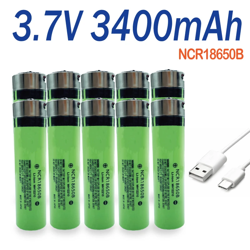 

2024 USB-TypeC rechargeable lithium-ion battery, 3400mAh 3.7V NCR18650B rechargeable, flashlight, keyboard, toy/charging cable