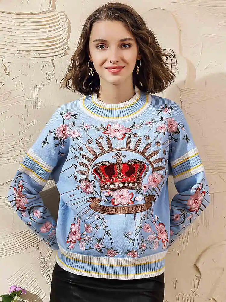 Runway Luxury Winter Knitting Pullovers Women\'s High Quality Floral Crown Embroidery Casual Loose Blue Sweater C-127