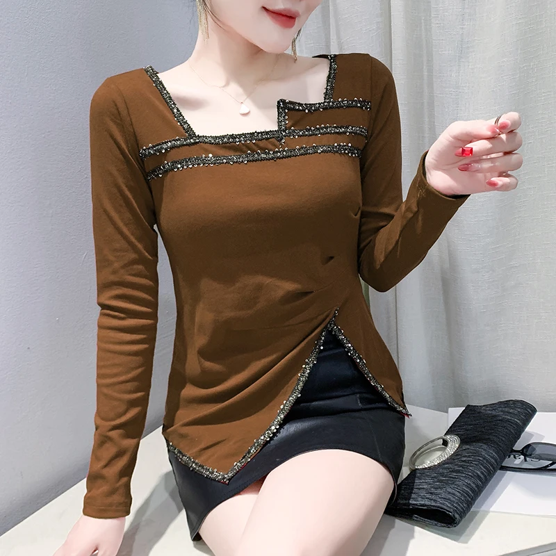 Asymmetrisches langes Sve-T-Shirt für Damen, Basisschicht, irt gefaltetes Design, Sensation, Herbst-Winter, neue Sle, koreanische Version, schmale Passform