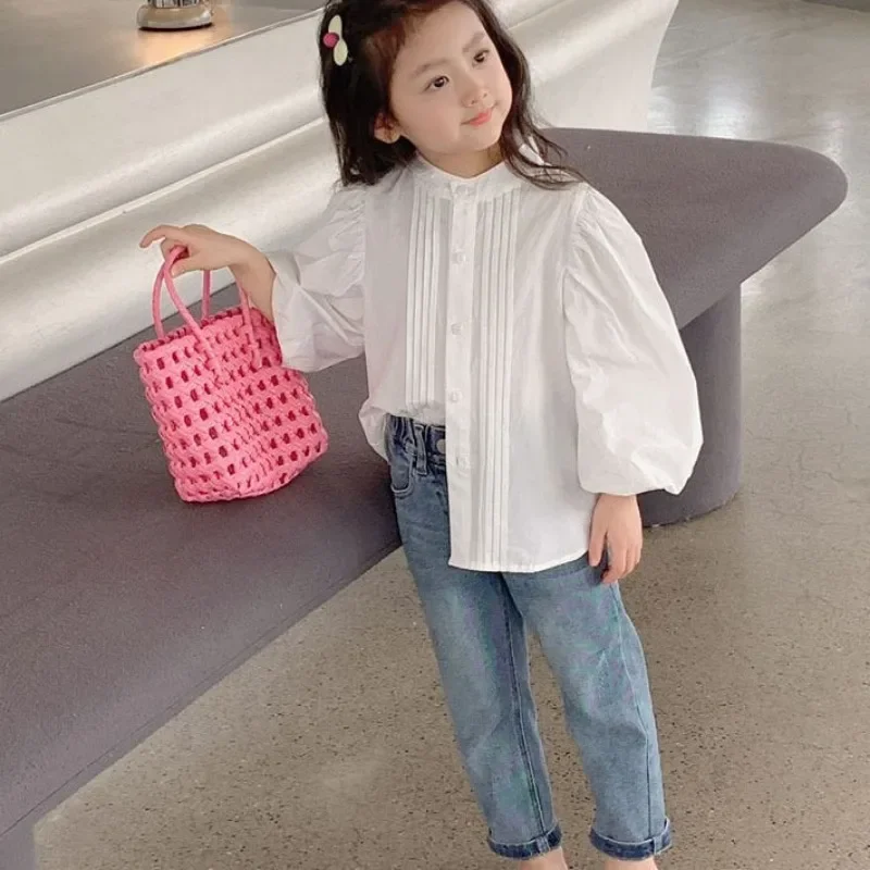 Baby Girls Shirt 2024 Spring New Solid Color Doll Collar Puff Sleeve Soft Kids Tops Princess Brand Children Clothing