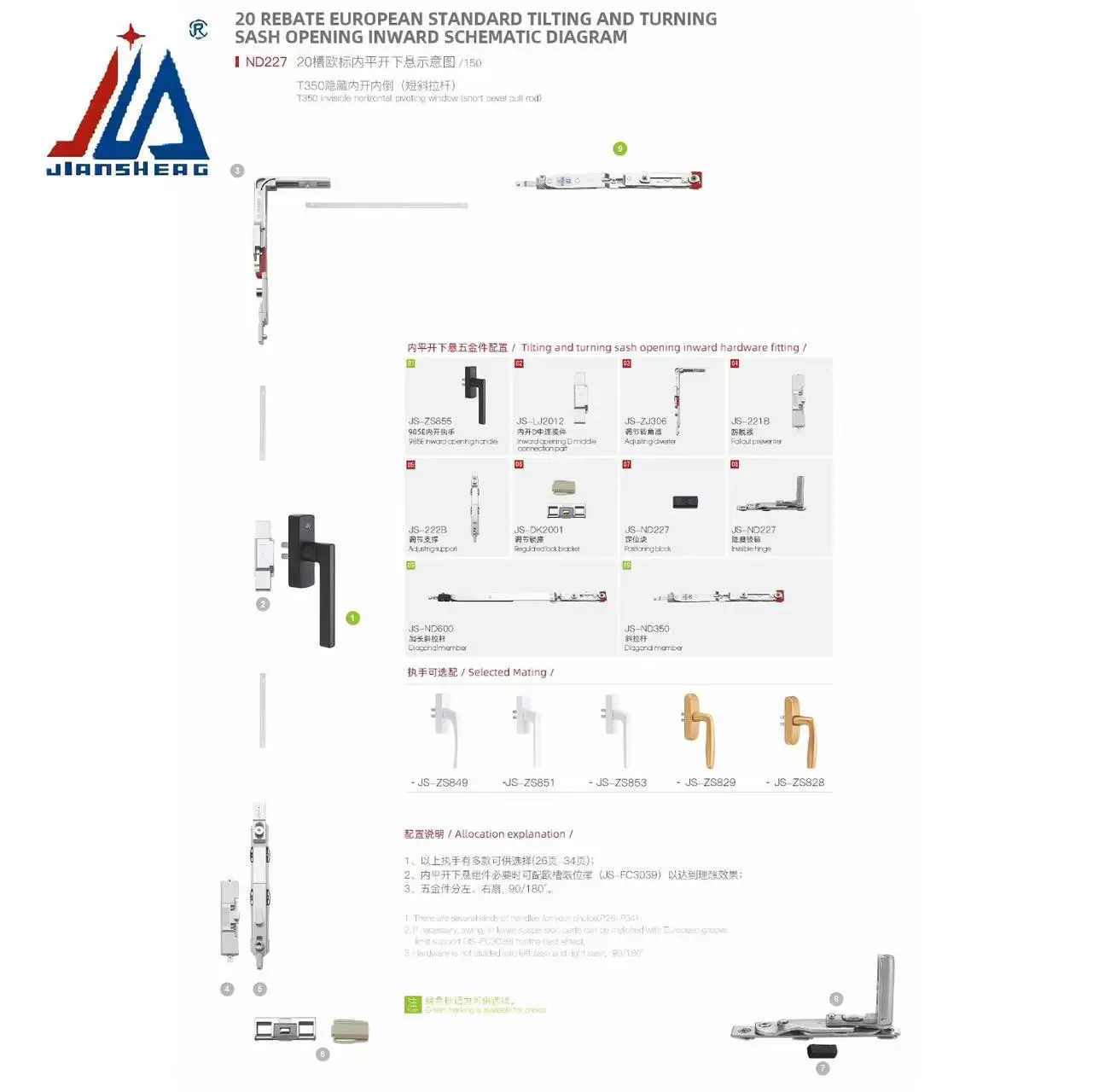

T350 Concealed Fittings for Turn Tilt Windows, Short Lever Kit for Thermal Break Aluminum 180 Top-Hung Casement