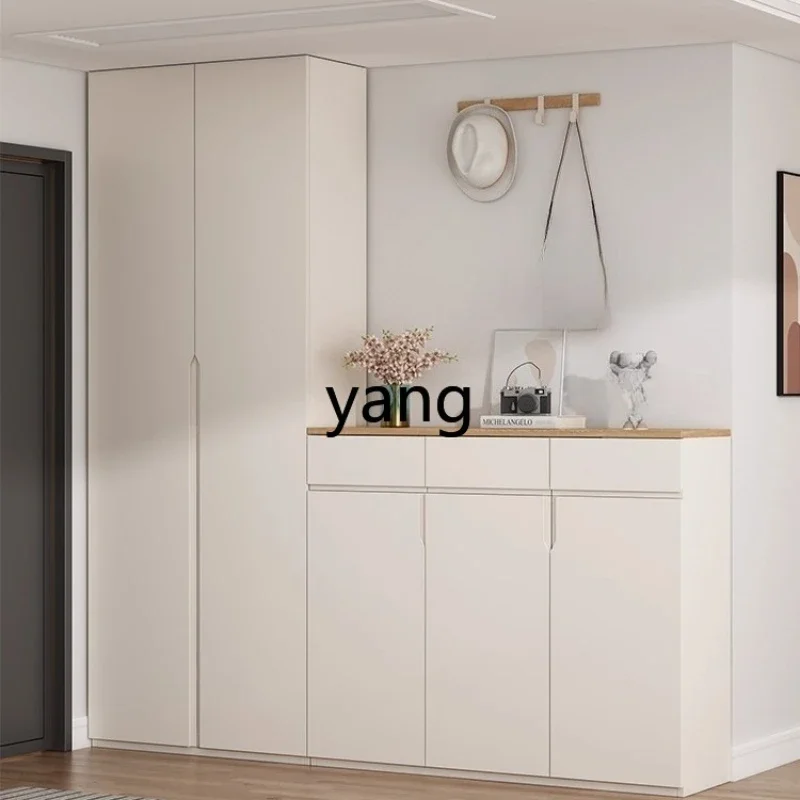 LH solid wood cream style shoe cabinet household door integrated against the wall large capacity porch partition
