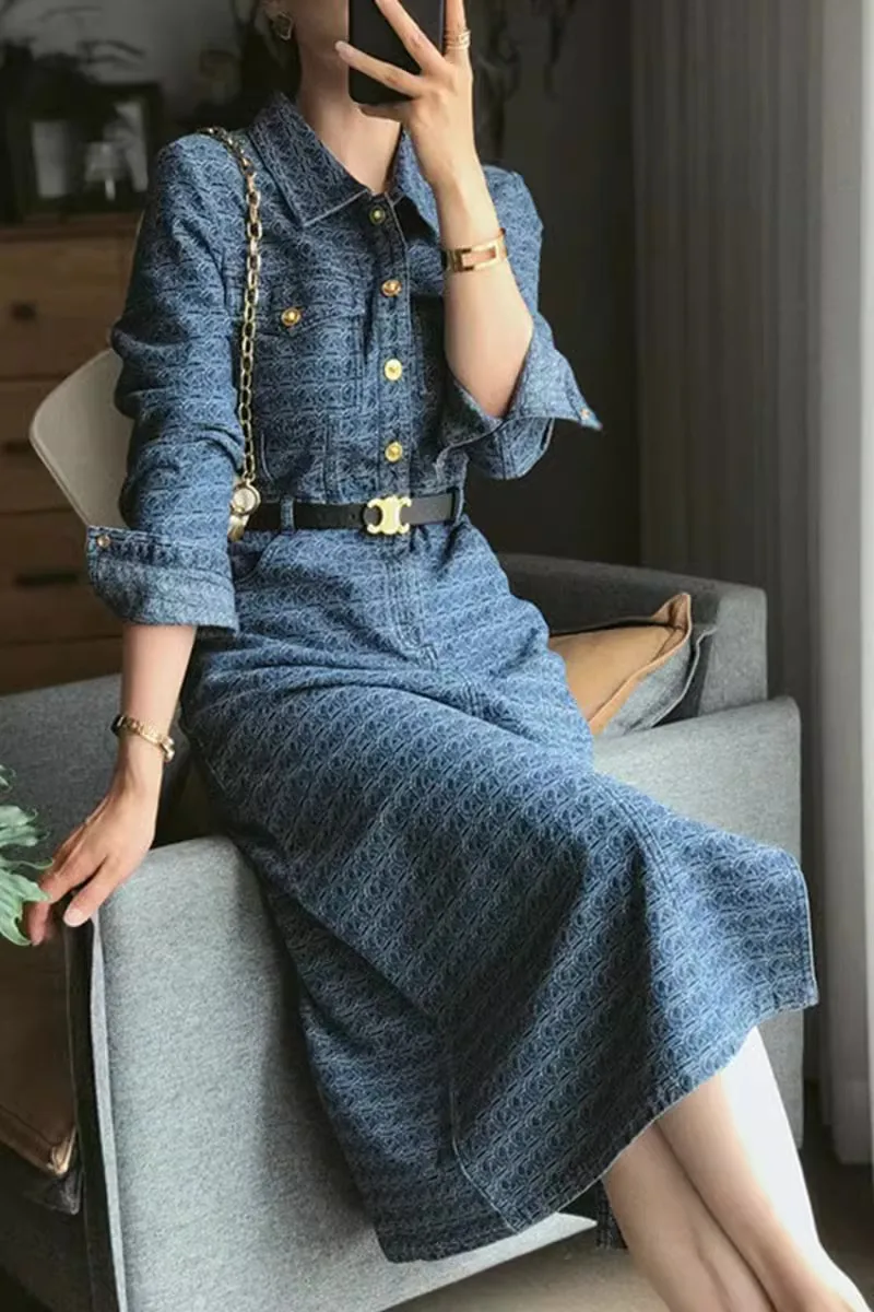 Ele Ladylike longue Sve Midi Dr bleu rétro taille haute jupe en jean Sle trajet taille haute a-ligne col Dr