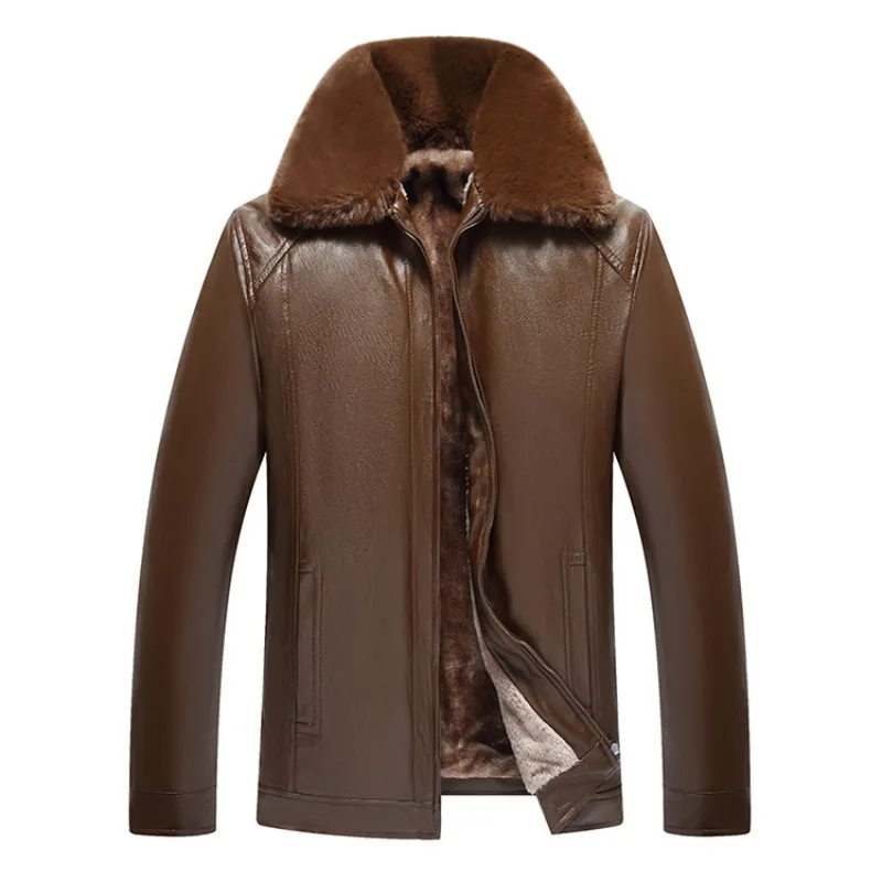 

Зимняя утолщенная повседневная мужская кожаная куртка на молнии с лацканами для пожилых людей среднего возраста, деловое повседневное пальто со съемным меховым воротником, мужское пальто