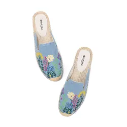 Ladies Summer Fashion Toe Slippers Sandals Flat Comfortable Breathable Slip-On Espadrilles Denim Floral Embroidered Mules