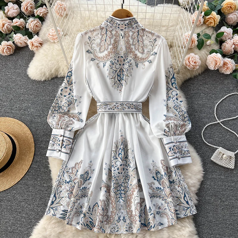 White Dresses For Women Elegant Bohemian O Neck Lantern Long Sleeve High Waist Dress With Belt Cotton Blend Print A-Line Mujer