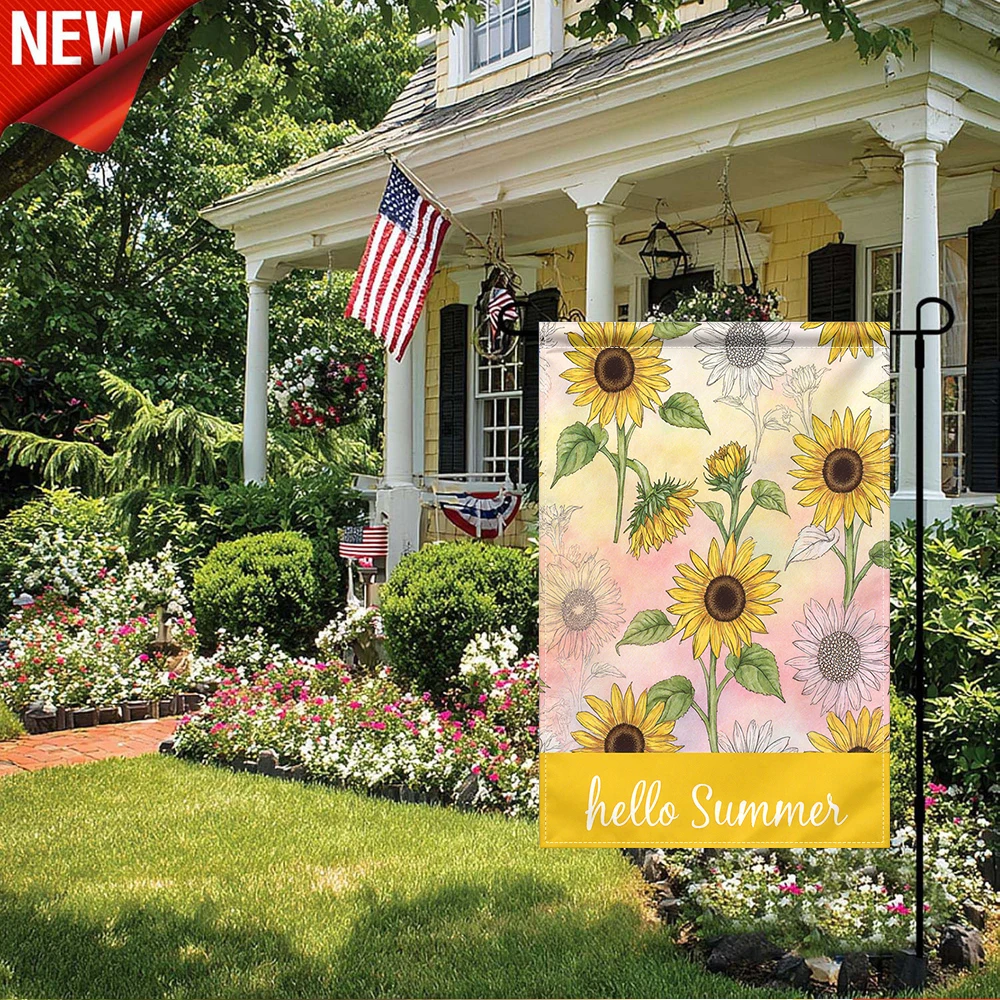 

1PC, Hello Summer Sunflower Print Garden Flag Floral Outdoor Decorative Yard Banner