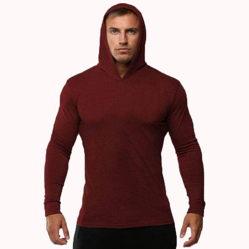 Summer Thin Long Sleeve Hooded European Size Men\'s Fitness Sports Leisure Running Training GYM 100% Cotton Sweater New