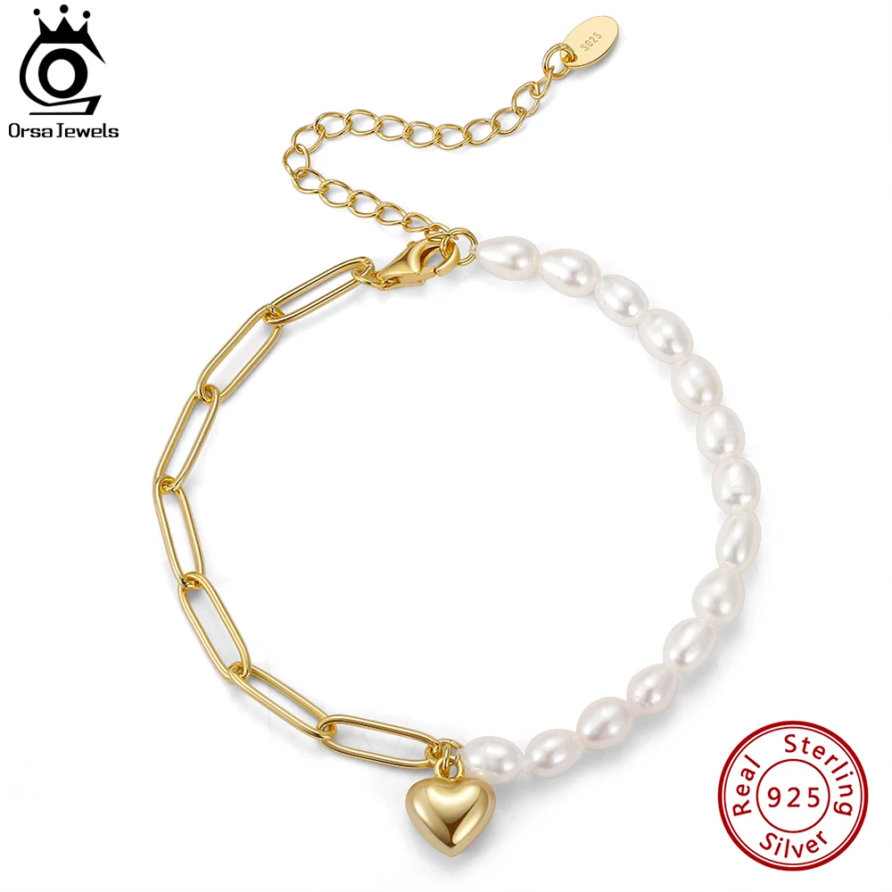 

ORSA JEWELS Heart Charm Bracelet Baroque Pearls Beads Summer Paperclip Chain S925 Sterling Silver Natural Pearl Bracelets GPB17