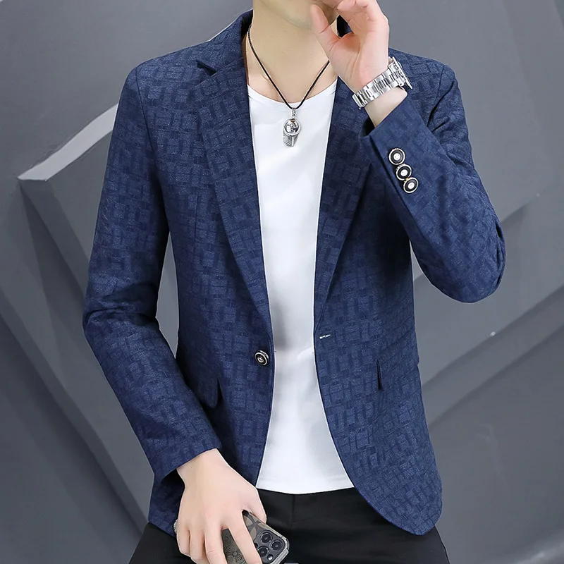 Beautiful Men's Suit Jacket, Spring & Fall Fashionable Plaid Suit, Single Top, Autumn and Spring Outwear, Fashionable, Versatile and Good-Looking Men's Banquet Dress Party