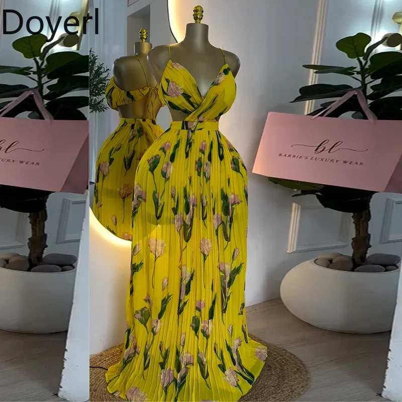 

Doyerl Spaghetti Strap V-neck Long Dresses for Women Holiday Backless High Waist Pleated A-line Party Club Maxi Dress Vestidos