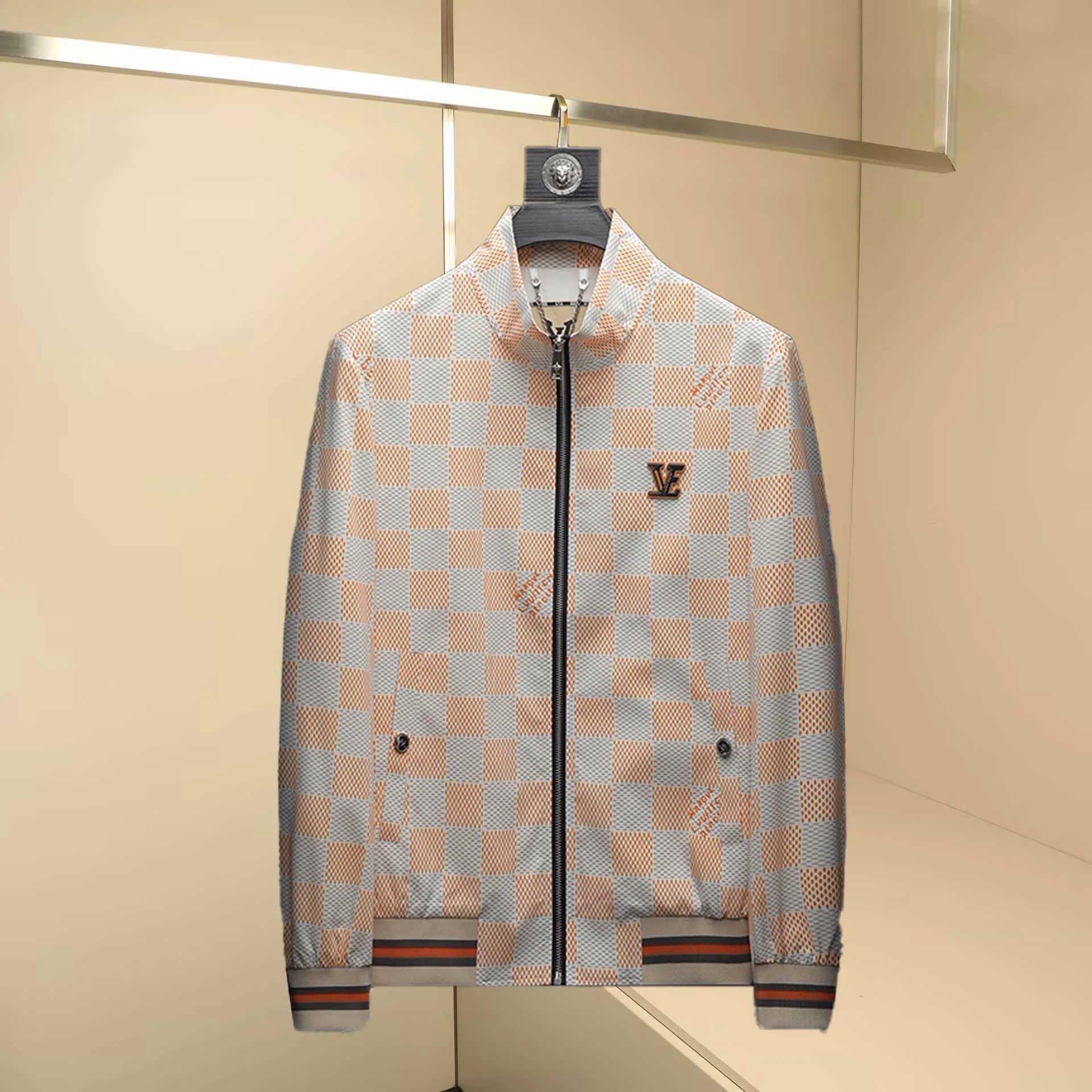 

Faionable Slim Fit Plaid Stand Collar Jaet for Men Embroidery Trendy Spring Autumn Outerwear Casual Sle Breathable Poly...