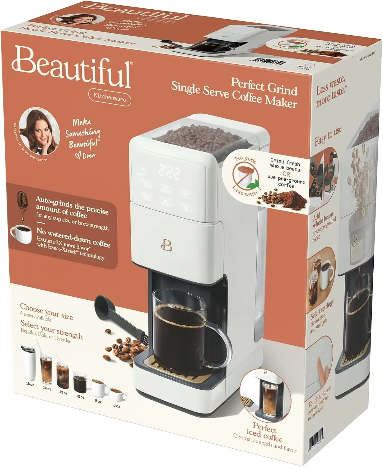 IT'S BRAZILIAN Beautiful Perfect Grind™ Programmable Single Serve Coffee Maker, White Icing by Drew Barrymore