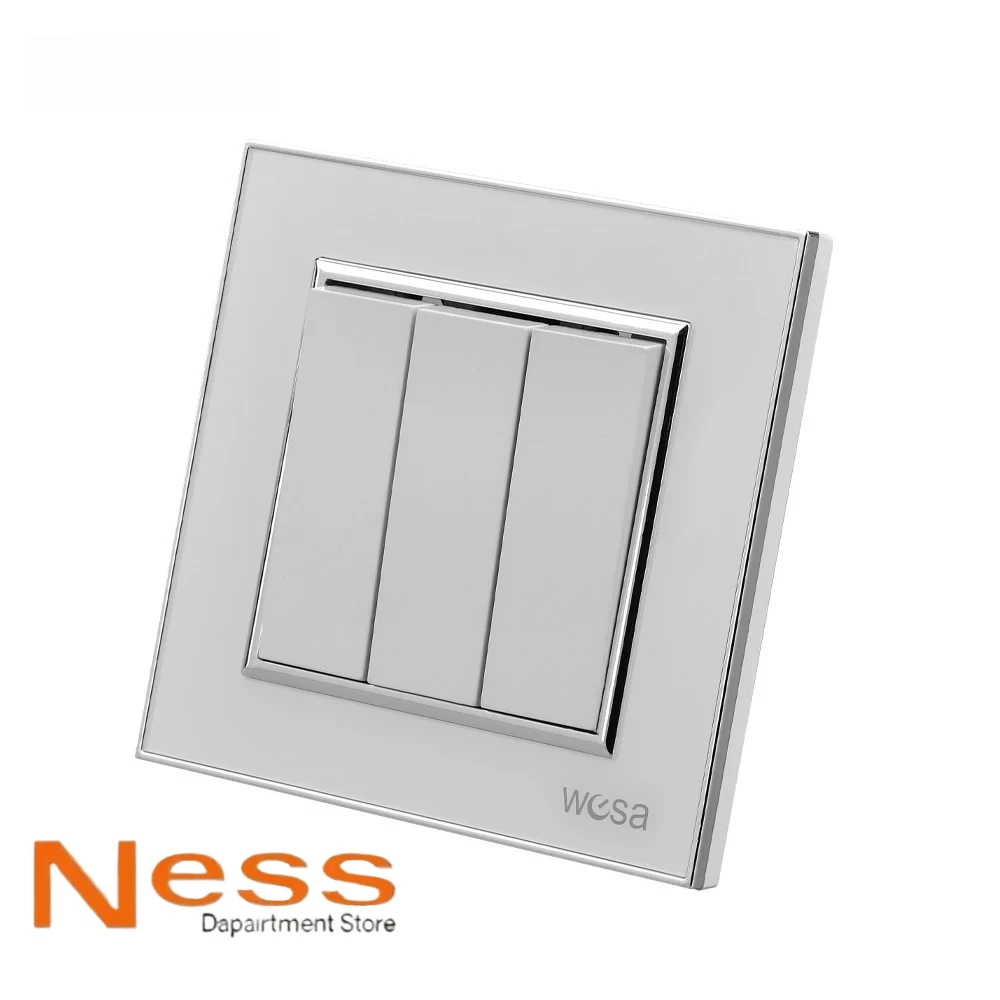 NESS الأبيض الكلاسيكي 3 عصابة 1 طريقة 250 فولت 16A التيار المتناوب الجدار الروك التبديل الاتحاد الأوروبي القياسية لوحة أكريليك زر مفتاح الإضاءة مثبطات اللهب #1