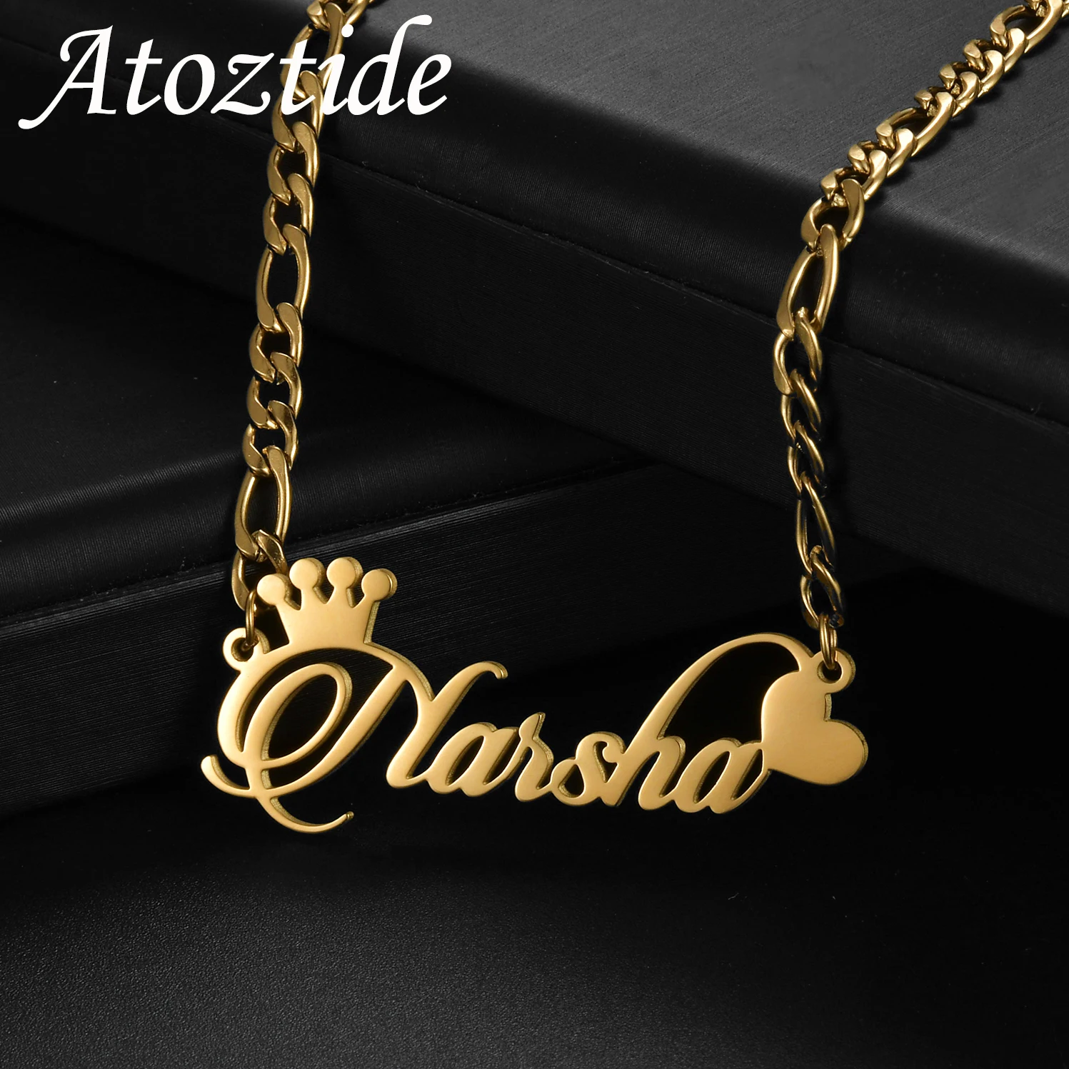 Atoztide Personalized Custom Name Necklace for Women Stainless Steel Crown Heart Nameplate Figaro Chain Birthday Jewelry Gift