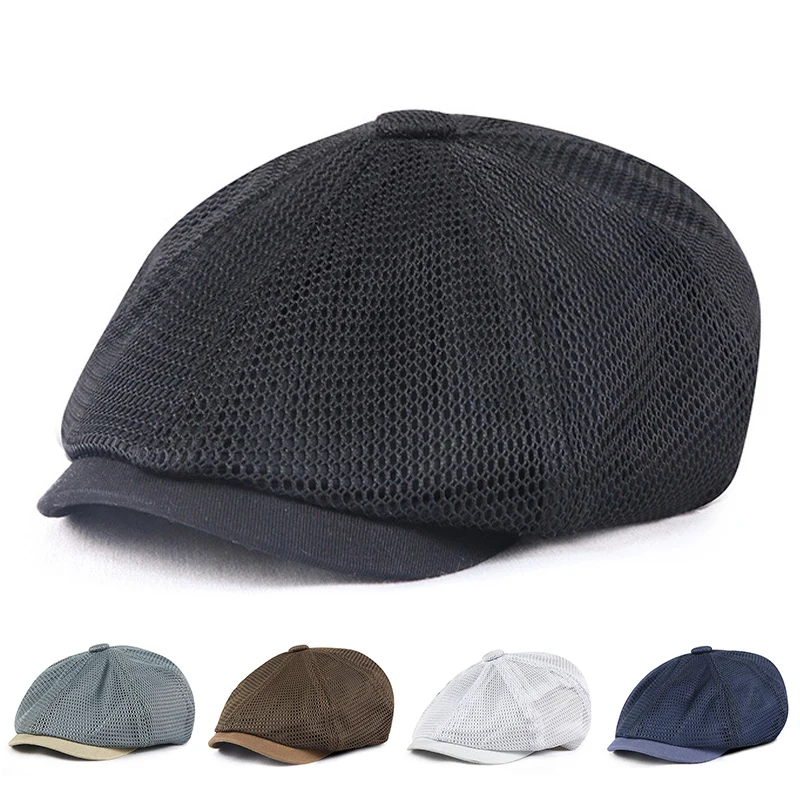 

Summer Newsboy Cap Men Breathable Gatsby Octagonal Hat Male Net Beret Hat Women Flat Peaked Cap Visor Vintage Painter Hat