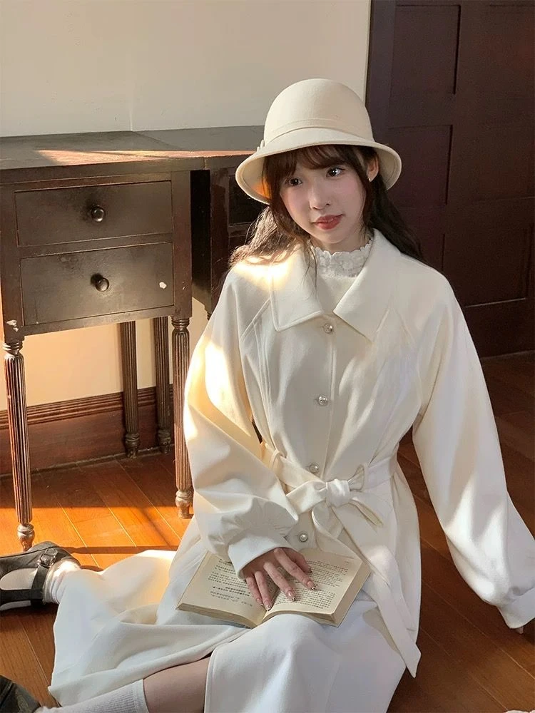 Sweet Bow Overcoats Dress Women Long Sleeve Japanese Kawaii Slim Cape Dress Coats Korean Fashion Elegant Vintage Cloak Winter