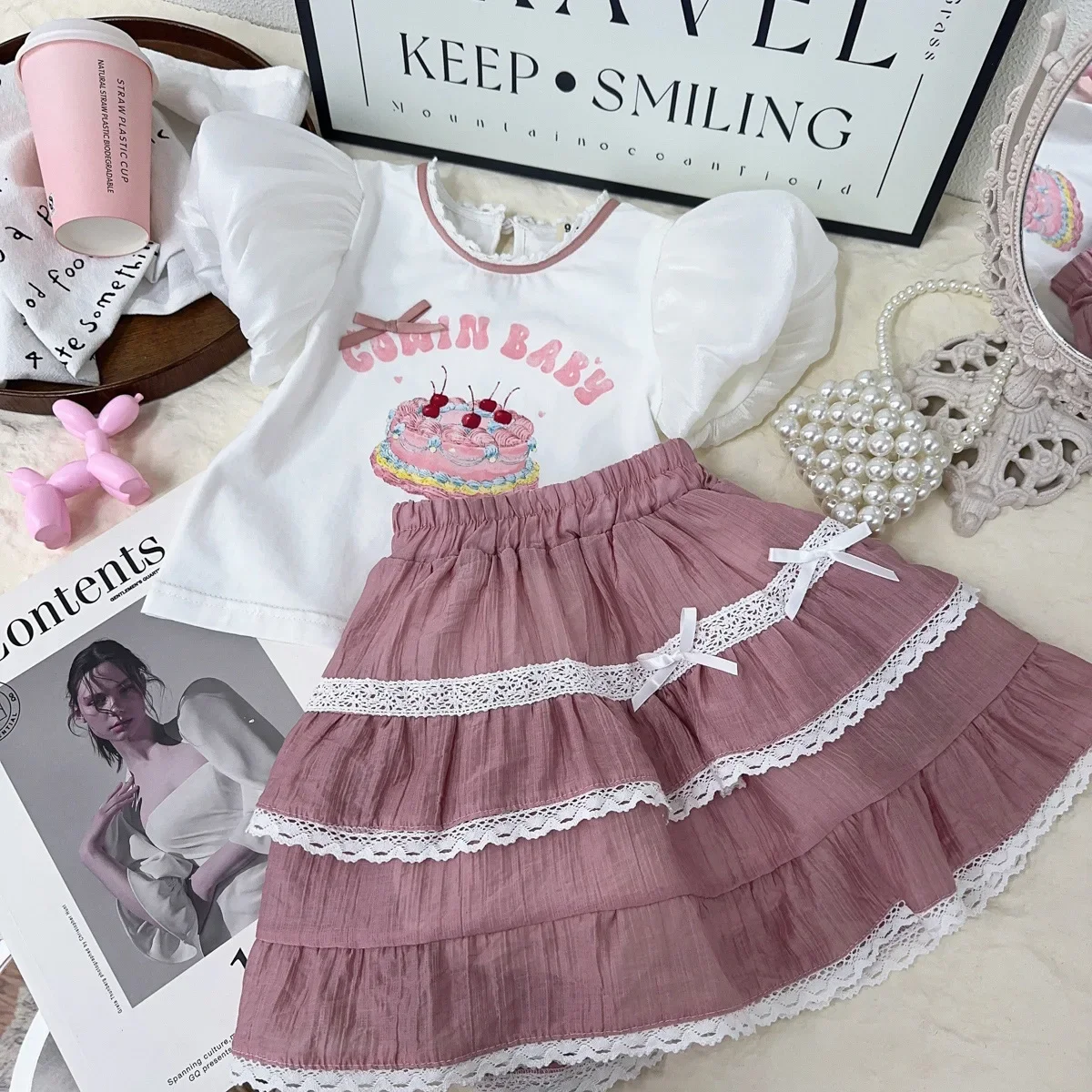 

New Girl Lolita Set 2025 Summer New Girl Lace Puff Skirt Short Sleeve Top Two Piece Set