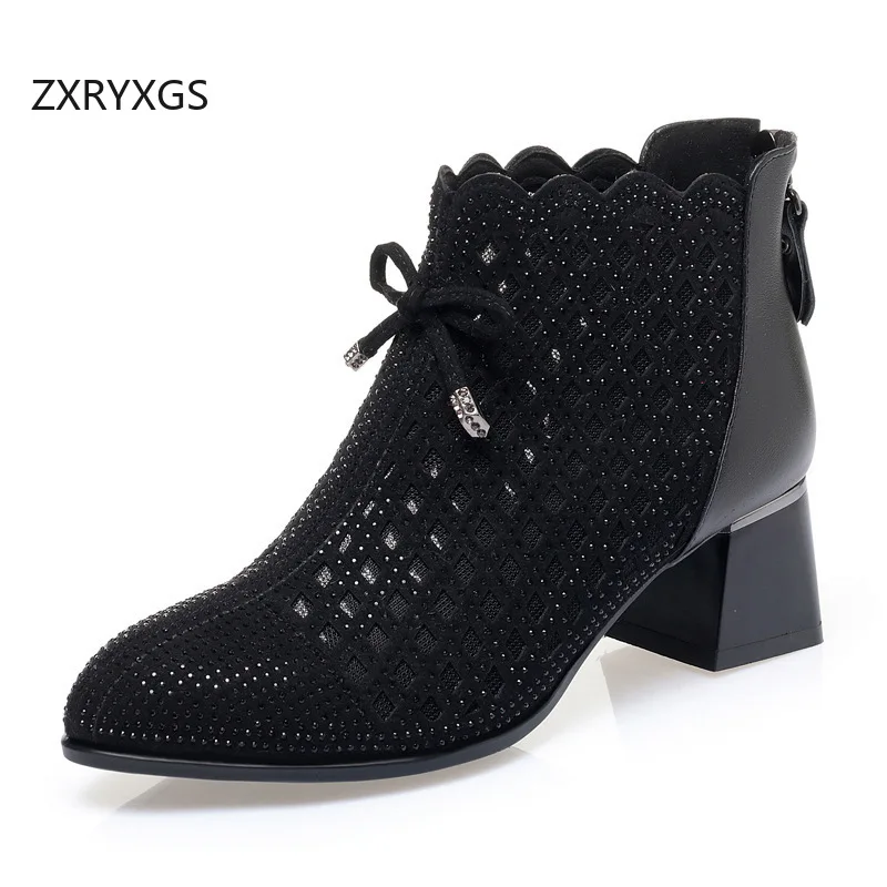 zxryxgs-2025-spring-summer-genuine-leather-mesh-bow-rhinestone-boots-fashionable-sandals-thick-mid-heel-breathable-cool-boots
