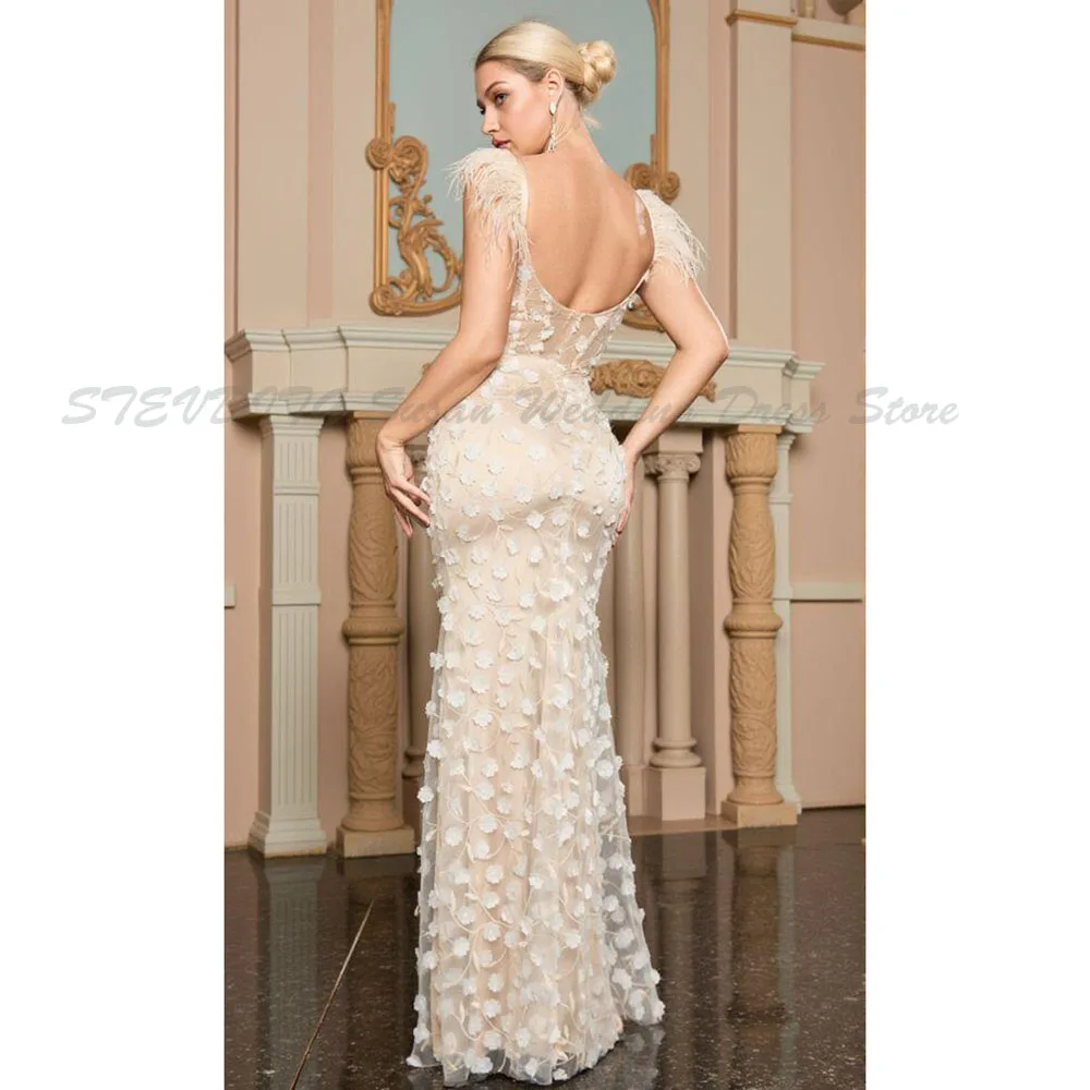 Pastrol Evening Dresses Prom Short Sleeves Mermaid Backless Floor Length V Neck Alliques High Quality V Neck Feather Pretty