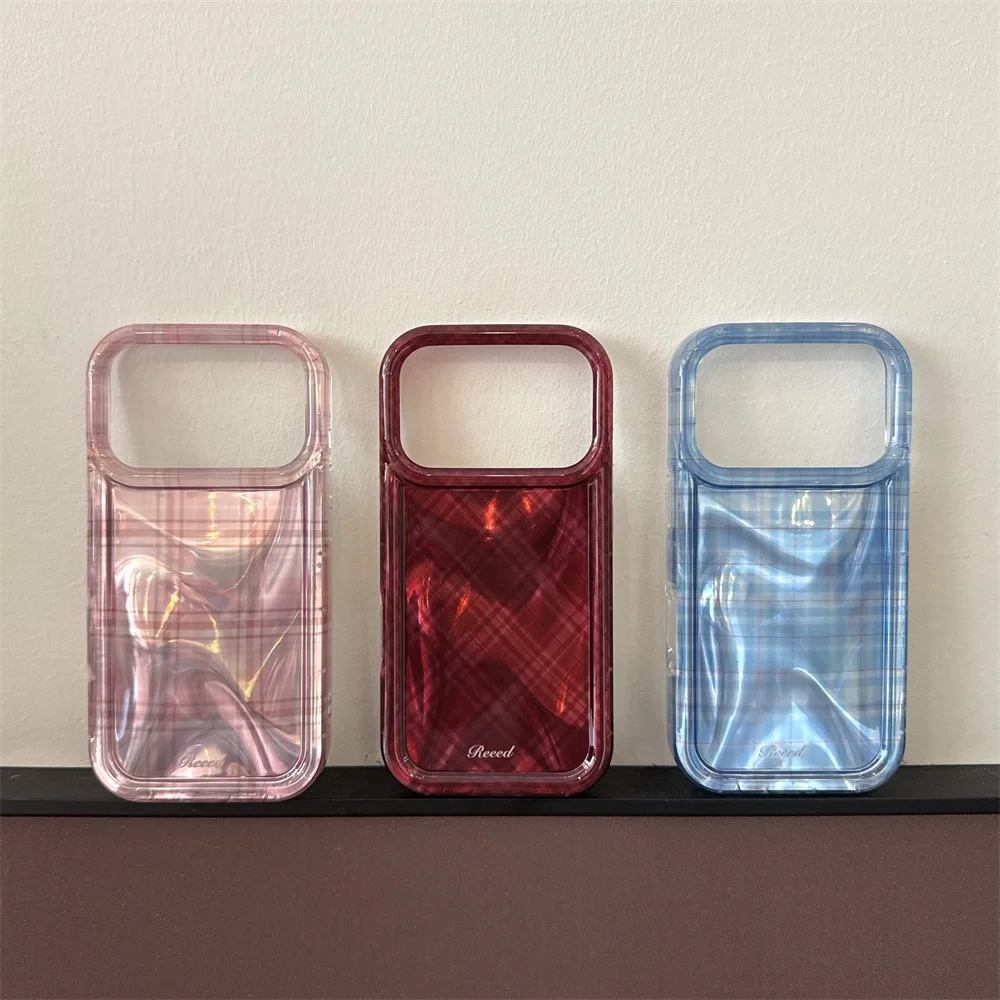 Kawaii Plaid Water Ripple Phone Case for iPhone 18 17 16 15 Pro Max Shiny Mirror Wavy Texture Shockproof Soft Cover Korea Fundas