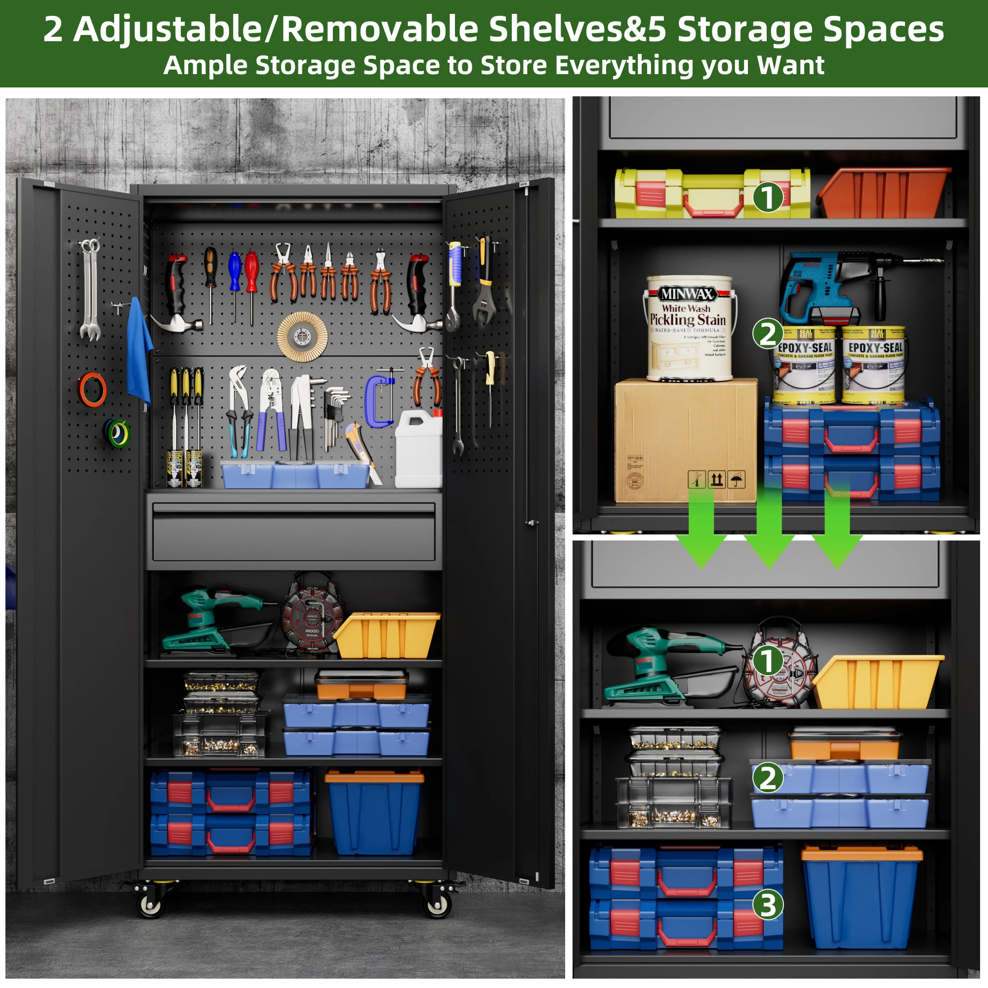 Aobabo Garage Storage Cabinet with Wheels,72" H Metal Storage Cabinet with 2 Doors and 4 Adjustable Shelves for Garage Home