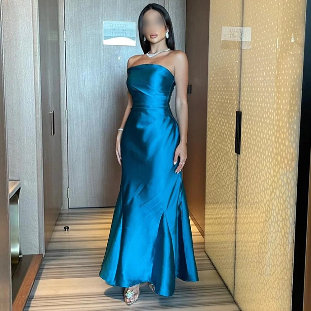 

Modern Straight Blue Ankle Length Evening Dress Formal Strapless Satin Sleeveless Pleats Saudi Arabia Bespoke Occasion Gowns