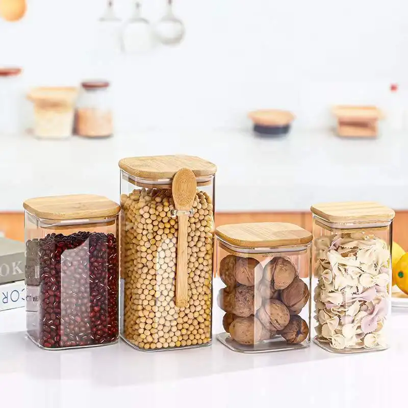 With Lid Transparent Glass Tea Can Storage Bottle Kitchen Food Grains Coffee Bean Seasoning Box Container Home Decor