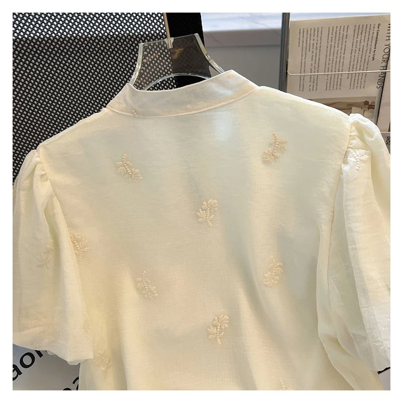 Women Vintage Chinese Style Embroidery Blouse Stand Collar Hollow Sweet Kawaii Chic Shirt Solid Short Sleeve Tops Casual Blusas