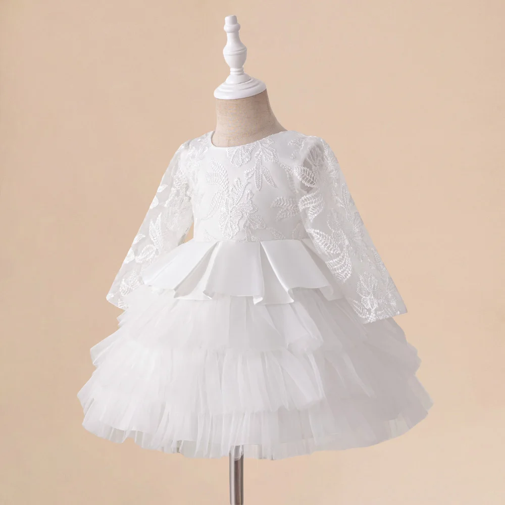 Toddler White Wedding Baptism Dress for Girls Long Sleeve Tulle Bow 1st Birthday Party Princess Girl Dresses Bridemaid Prom Gown