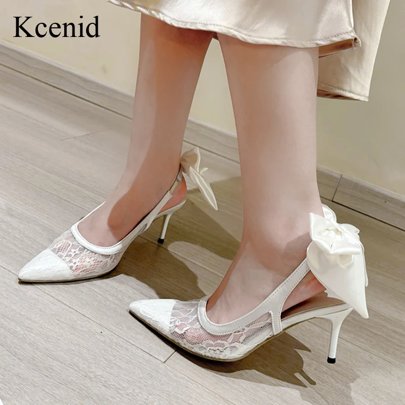 

Kcenid White Lace Wedding Bridal Shoes Slingbacks Sexy Pointed Toe Hollow Out Bow-Tie Pumps Elegant Women Banquet Dress Shoes